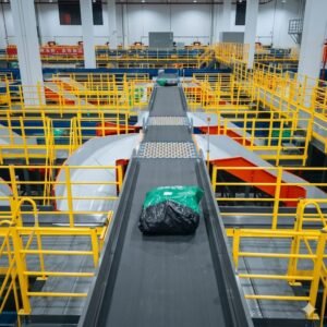 Installed parcel sortation line with central belt infeed, guarded sorting deck, and multiple chute routes