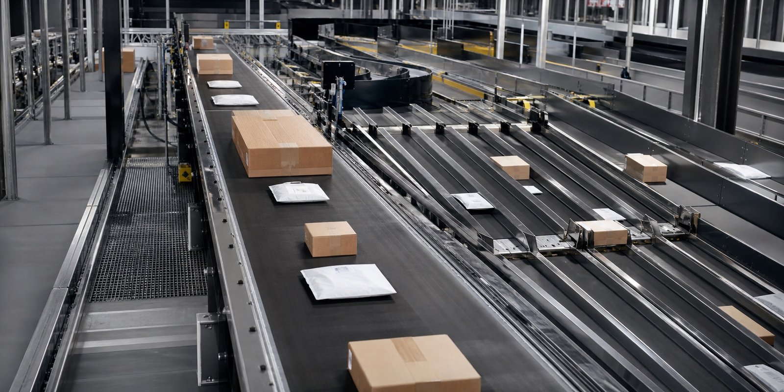Narrow belt sorter moving parcels and cartons in a warehouse sortation line
