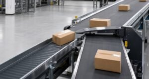 Swing arm sorter diverting parcels on a warehouse conveyor line