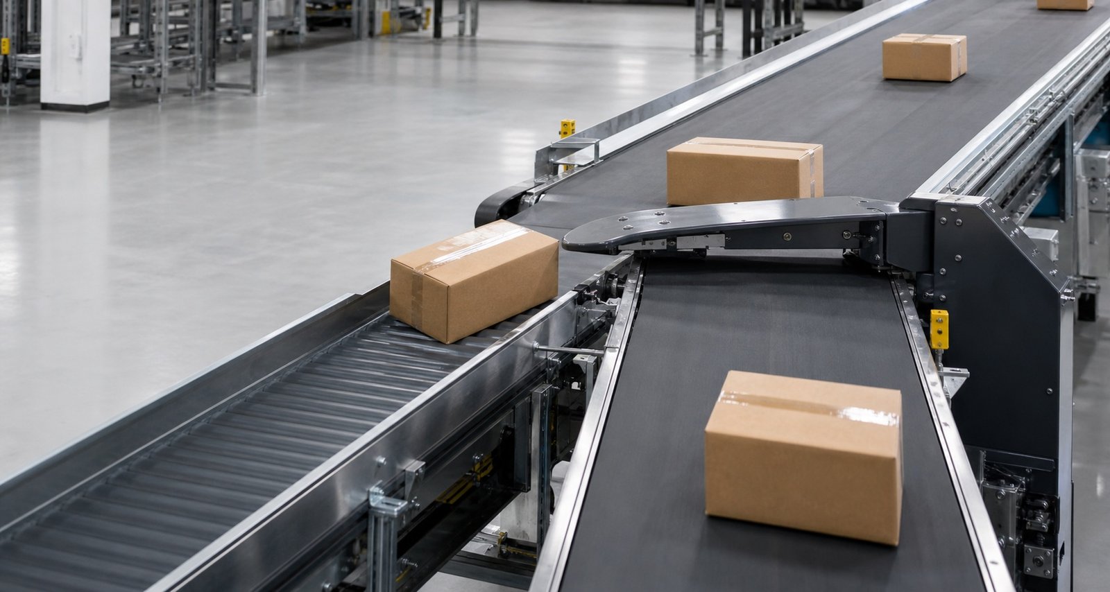 Swing arm sorter diverting parcels on a warehouse conveyor line