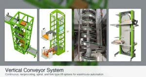 Vertical conveyor system options for warehouse automation