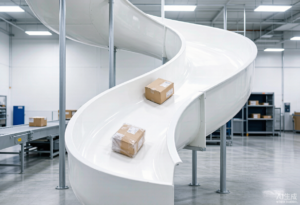 FRP fiberglass spiral chute with parcels gliding down in a clean warehouse