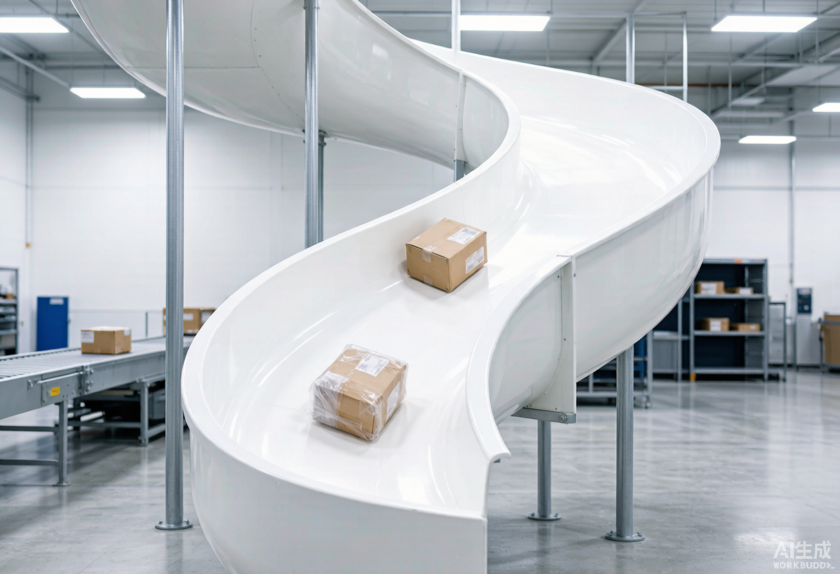 FRP fiberglass spiral chute with parcels gliding down in a clean warehouse