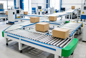 Gravity roller conveyor system with cartons moving on steel rollers in a warehouse