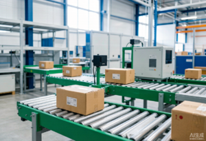 Industrial belt conveyor system moving cartons in a warehouse