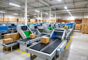 Automated cross-belt sorting system in a large logistics warehouse