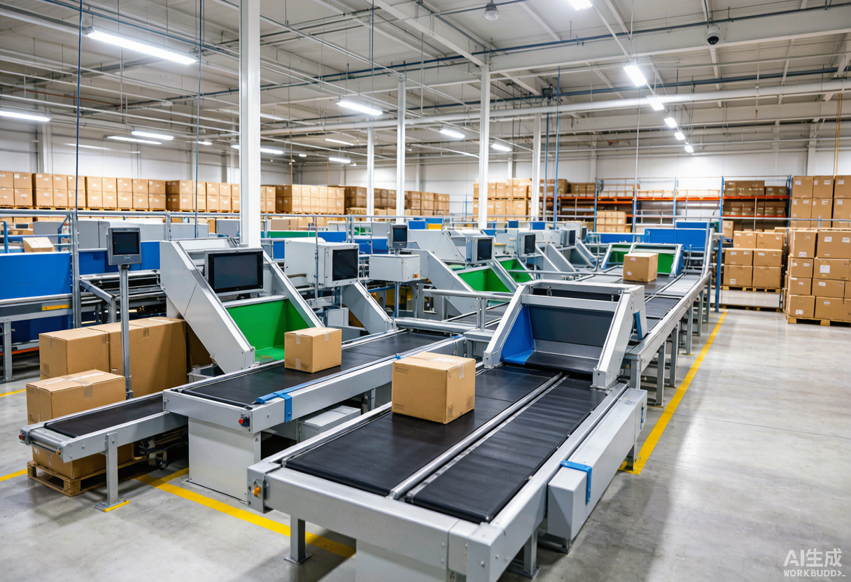Automated cross-belt sorting system in a large logistics warehouse
