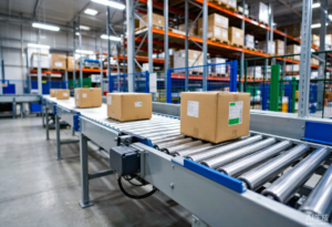 Powered roller conveyor with motorized rollers moving boxes in a warehouse