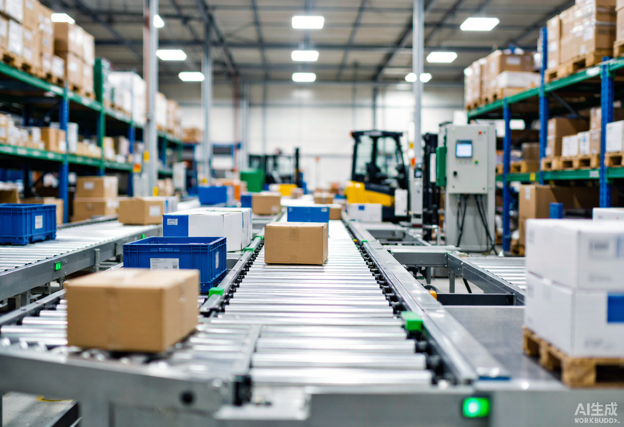 Roller conveyor system moving boxes in a distribution warehouse