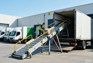 Telescopic belt conveyor extending into a delivery truck at a loading dock