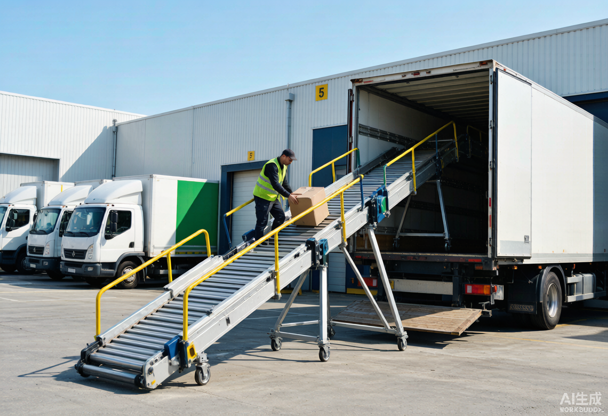 Telescopic belt conveyor extending into a delivery truck at a loading dock