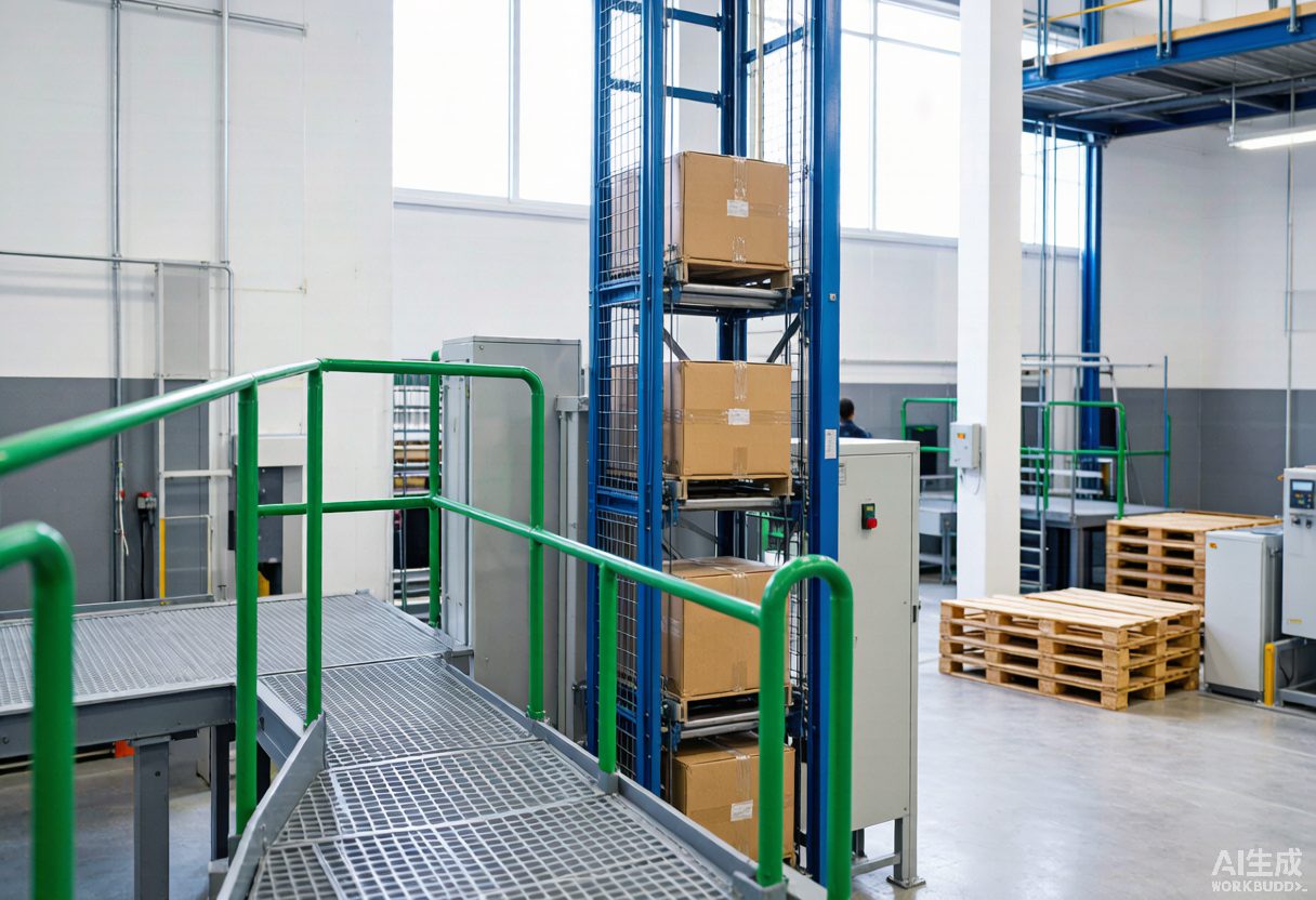 Vertical conveyor system lifting cartons between floors in a warehouse