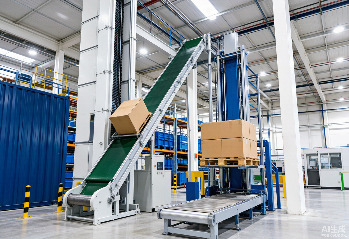 Vertical lift conveyor types with continuous conveyor and reciprocating lift platform in a warehouse