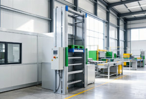Vertical reciprocating conveyor lifting pallets between warehouse floors
