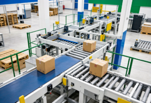 Warehouse conveyor system layout with belt and roller conveyors moving cartons