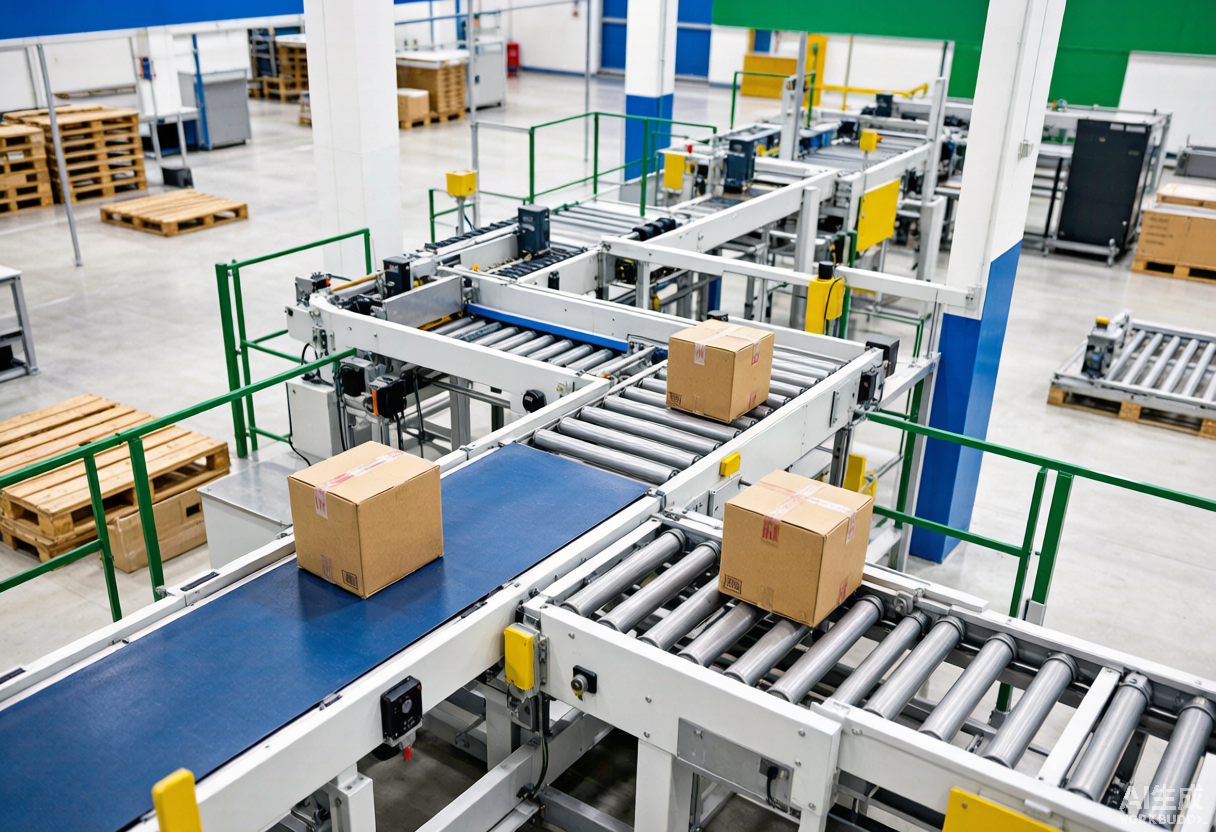 Warehouse conveyor system layout with belt and roller conveyors moving cartons