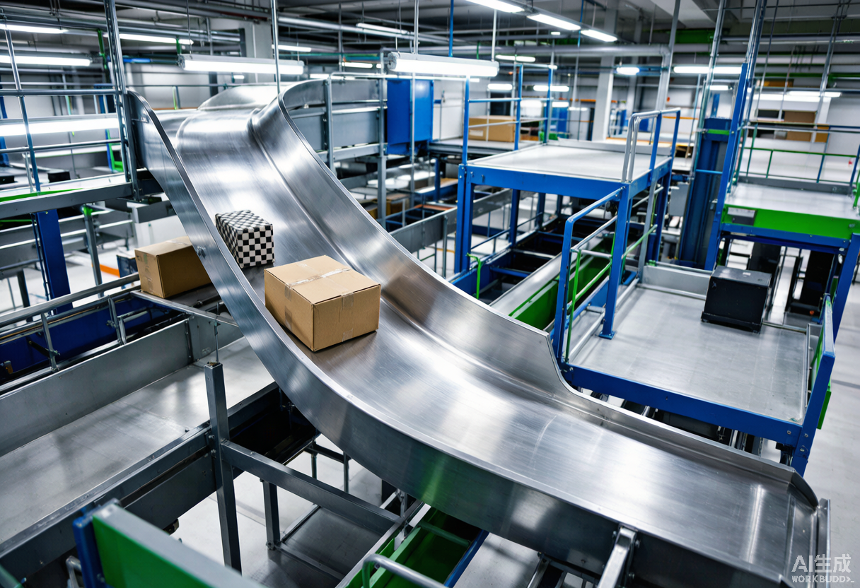 Curved warehouse chute diverting parcels around a corner to a lower level