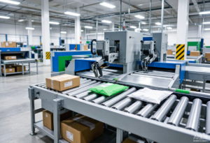 Automated parcel sorting system with conveyor belts and mechanical diverters in a logistics warehouse