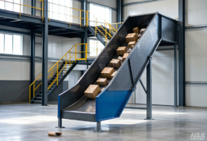 Heavy-duty carbon steel chute with parcels sliding down between warehouse levels