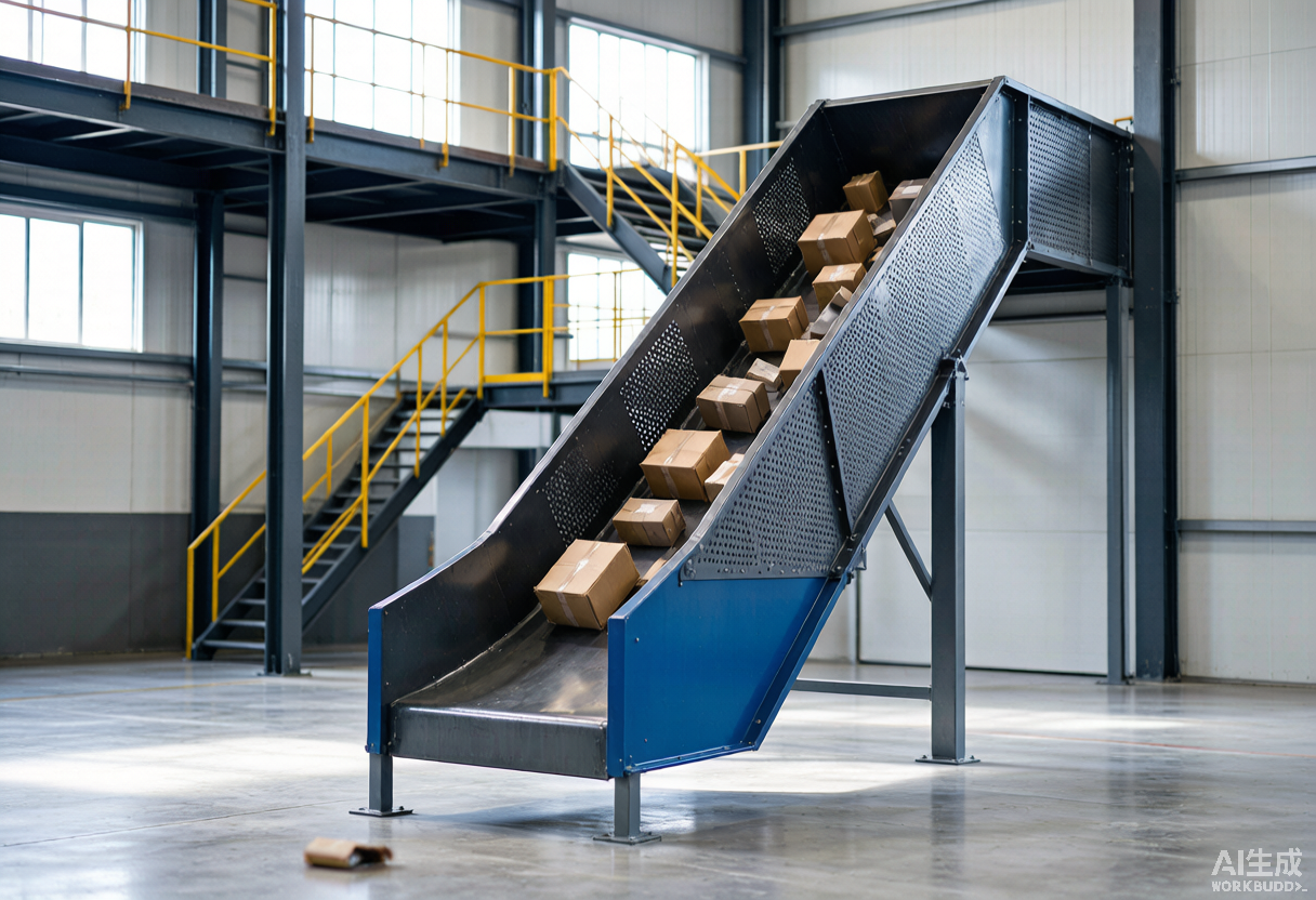 Heavy-duty carbon steel chute with parcels sliding down between warehouse levels