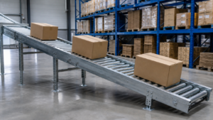 Gravity roller conveyor moving cardboard cartons on free-spinning steel rollers in a warehouse