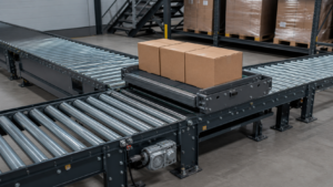 Pop-up transfer conveyor moving cardboard cartons between roller conveyor lines at a warehouse junction