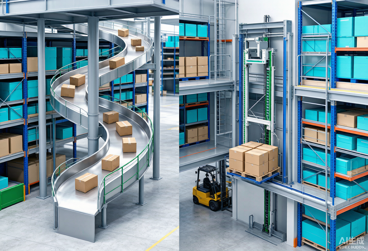 Comparison of a gravity spiral chute and a vertical reciprocating conveyor in a warehouse
