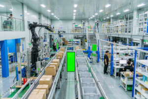 Conveyor lines and sorting equipment handling cartons in a third-party logistics warehouse