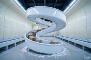FRP spiral chute and conveyor carrying cartons in a cold storage warehouse