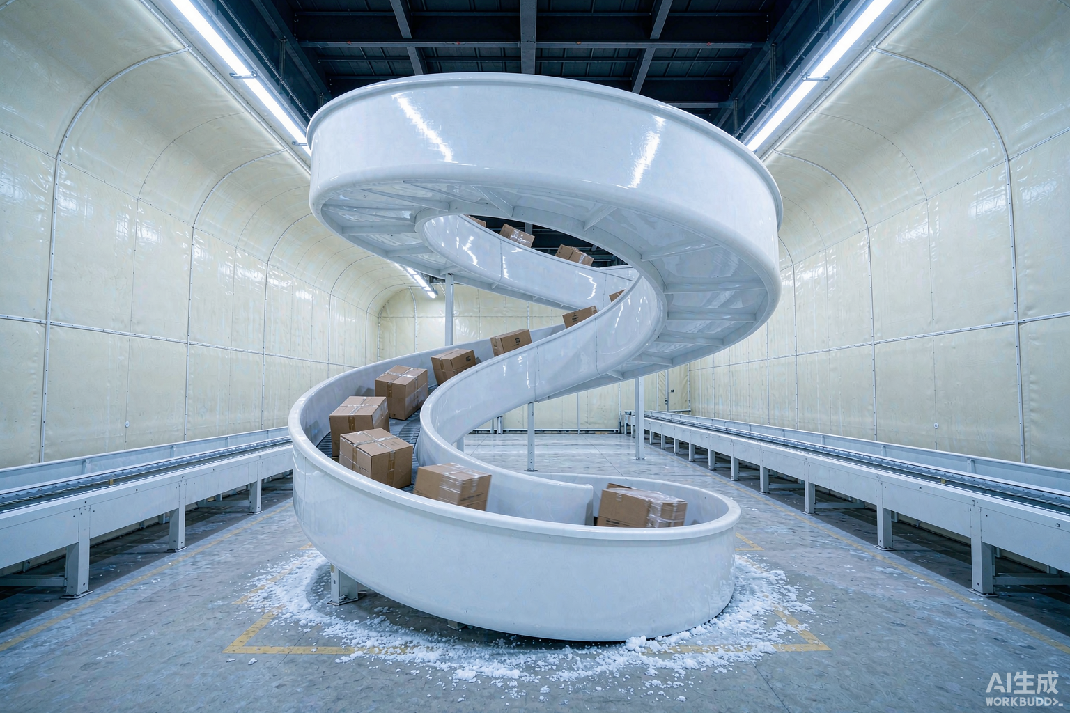 FRP spiral chute and conveyor carrying cartons in a cold storage warehouse