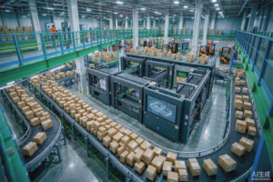 Conveyor belts and sorting machines moving parcels through an e-commerce fulfillment center