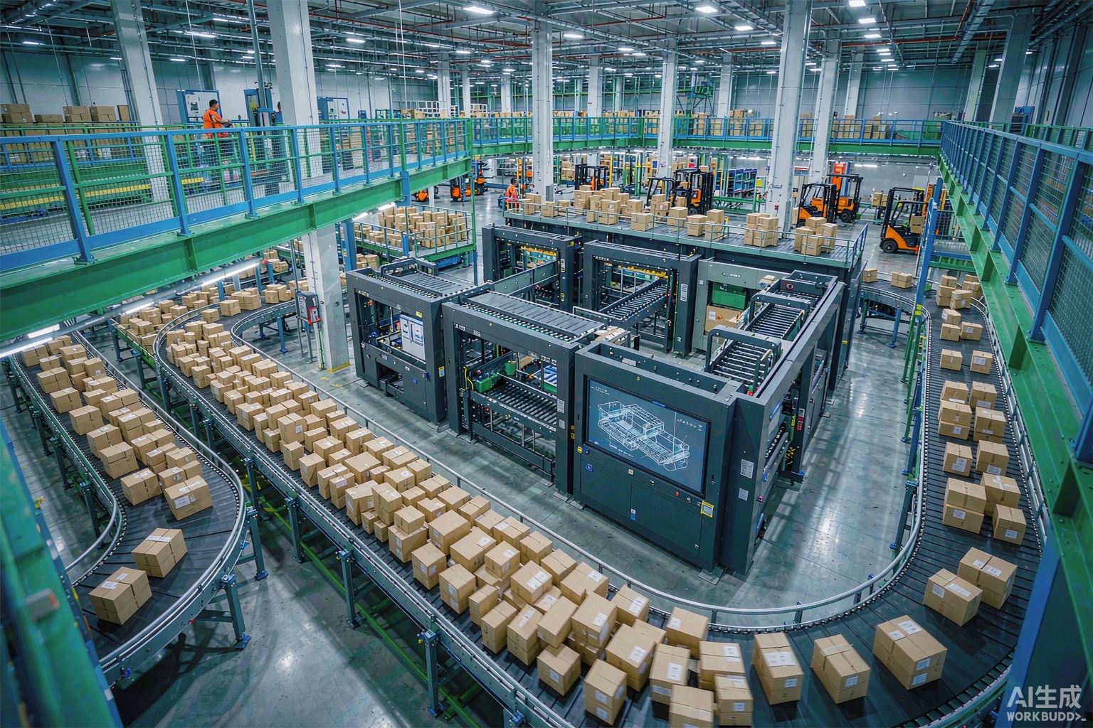 Conveyor belts and sorting machines moving parcels through an e-commerce fulfillment center