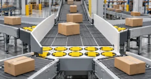 Turntable wheel sorter routing cardboard parcels to multiple warehouse conveyor lanes