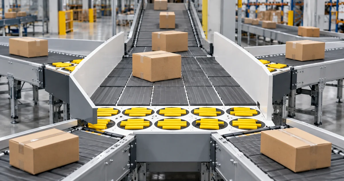 Turntable wheel sorter routing cardboard parcels to multiple warehouse conveyor lanes