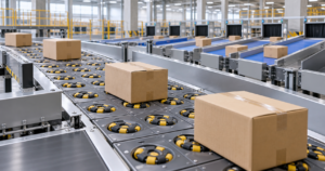 Warehouse parcel sorting line showing wheel sorter and narrow belt sorter modules