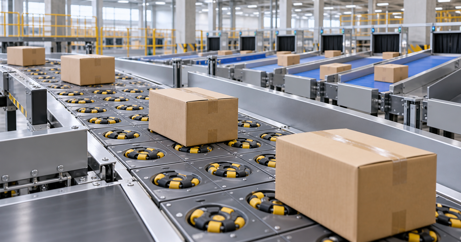 Warehouse parcel sorting line showing wheel sorter and narrow belt sorter modules